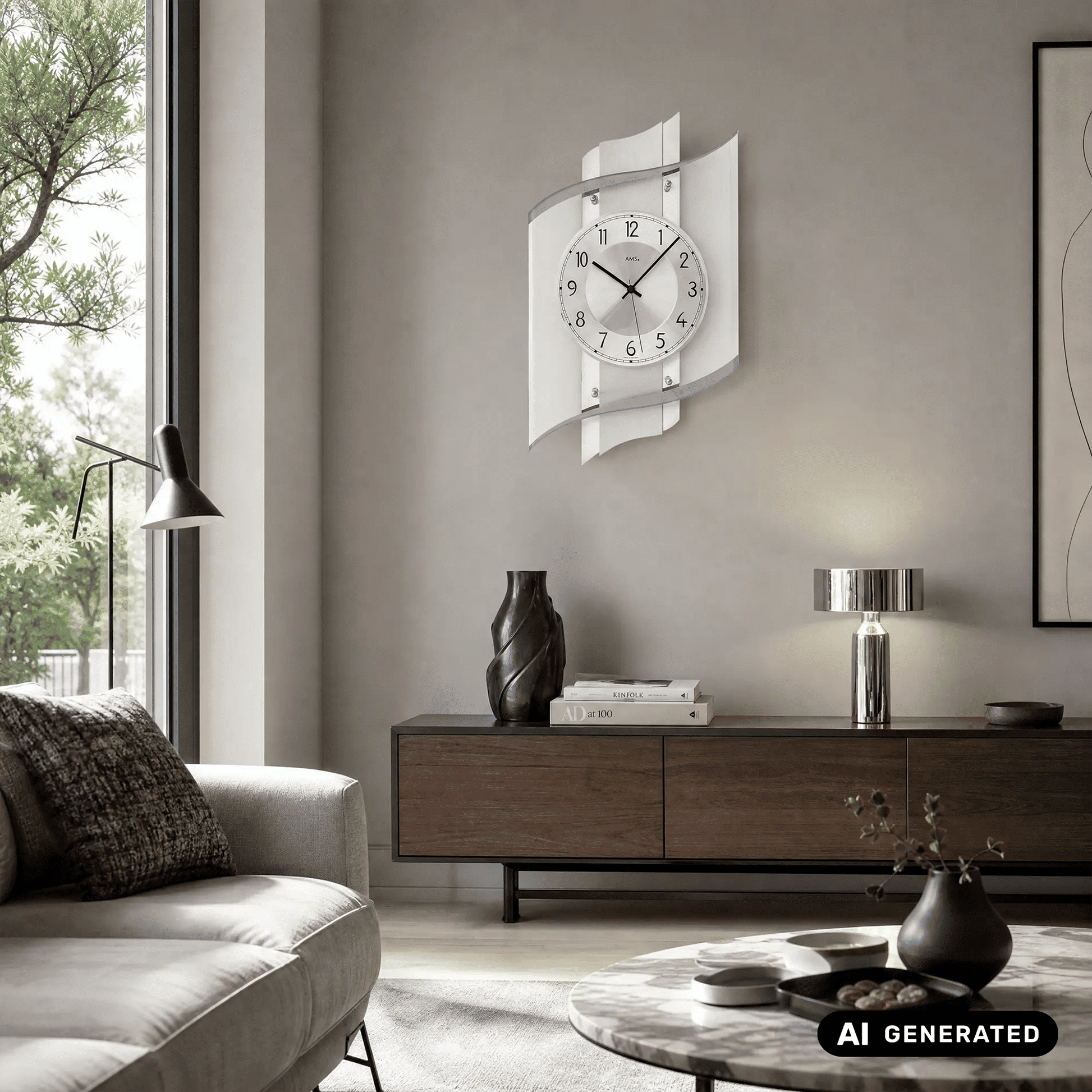 Wanduhr mit hellem Holzdekorrahmen und weißem Zifferblatt, seitlich an der Wand