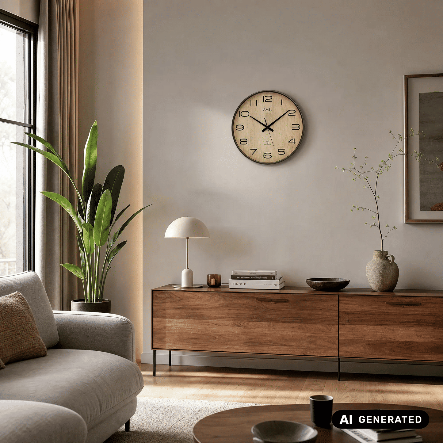 AMS Wanduhr mit Holz-Zifferblatt, schwarzem Rahmen und Mineralglas
