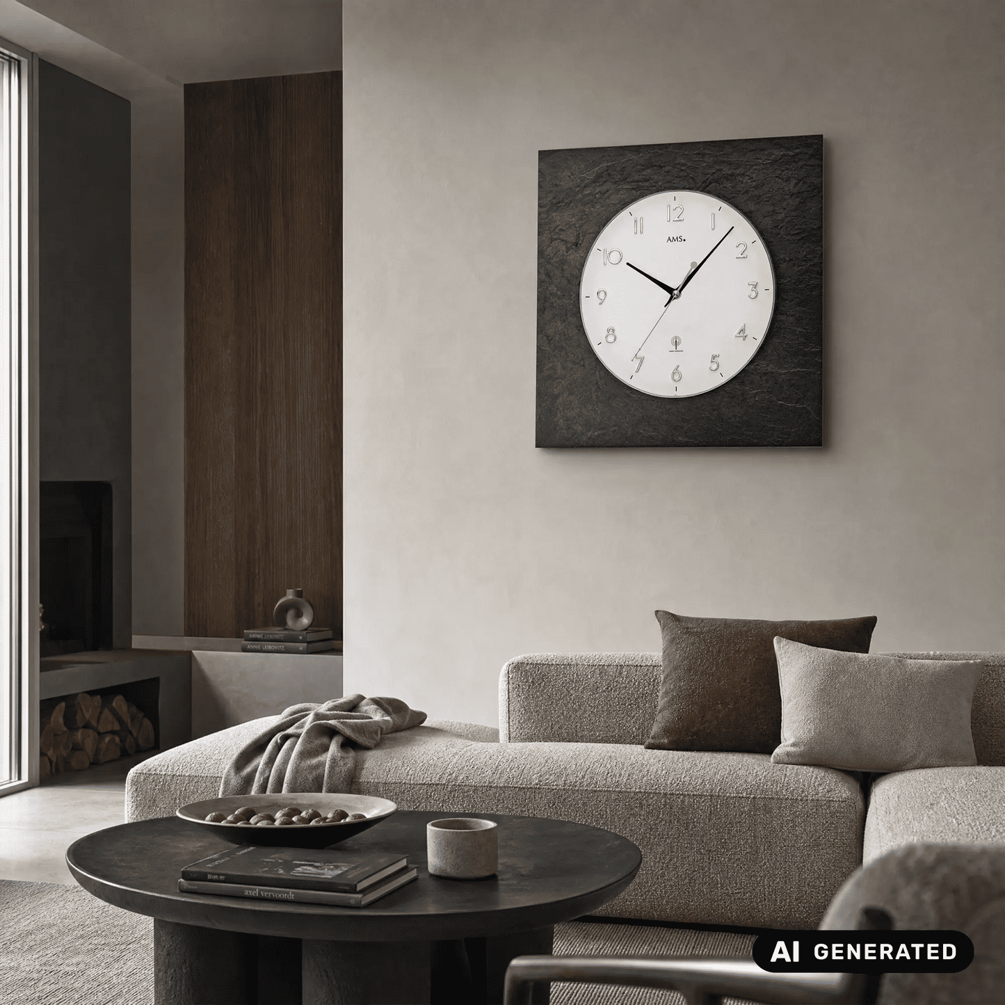 Funk-Wanduhr mit schiefergrauem, eckigen Hintergrund und Mineralglas-Ziffernblatt