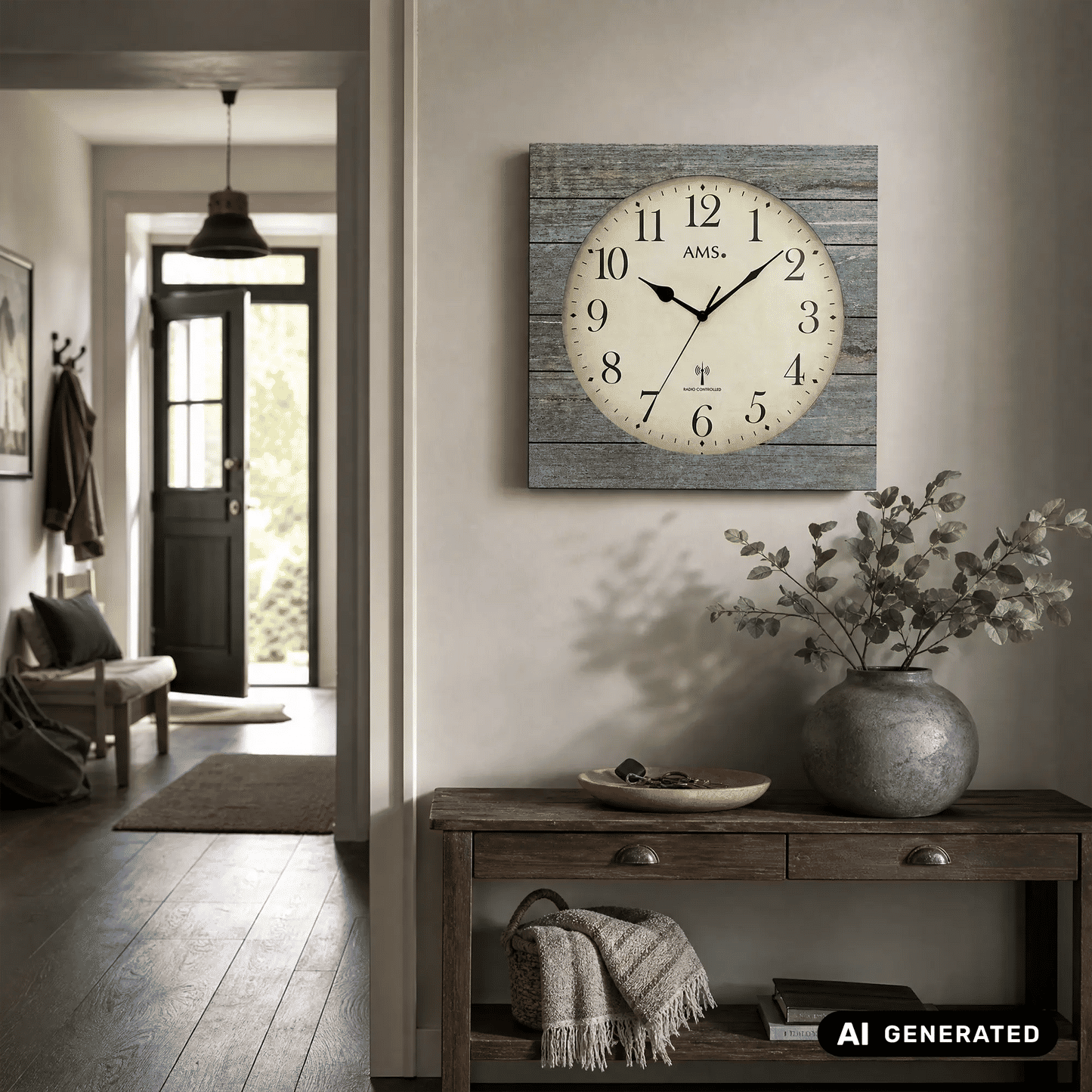 Wanduhr mit grauer Holzstruktur und Mineralglas-Front, Funk-Uhr, AMS