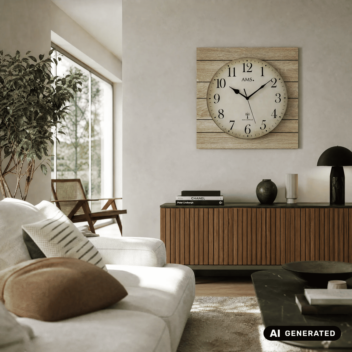 Wanduhr mit rundem Zifferblatt im Holzrahmen über Sideboard im Wohnbereich