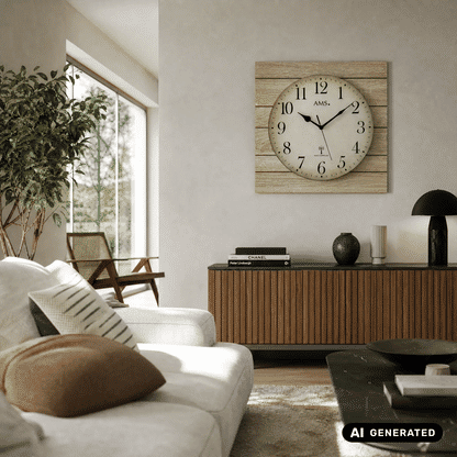 Wanduhr mit rundem Zifferblatt im Holzrahmen über Sideboard im Wohnbereich