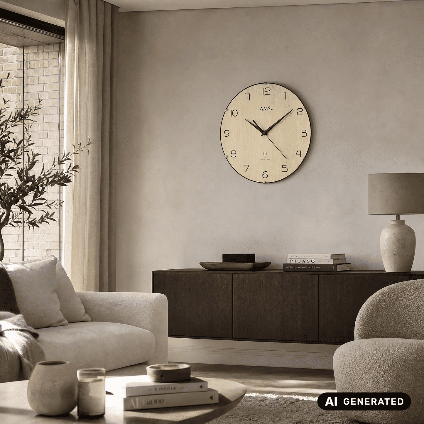 Runde Funk-Wanduhr an der Wand, Holz-Ziffernblatt mit Zeigern und AMS-Schrift