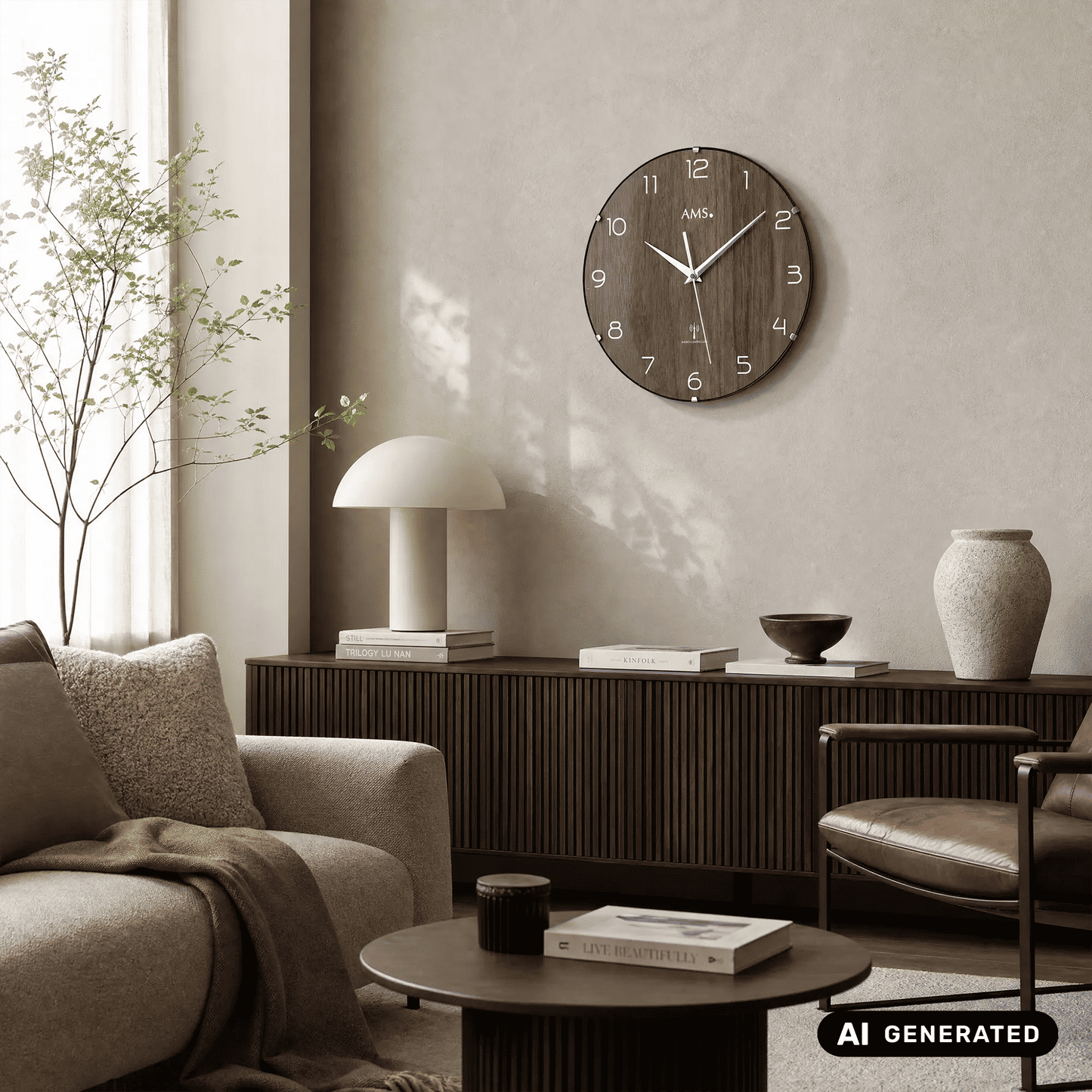 AMS Funk-Wanduhr an der Wand, nussbaumfarbene Holzoptik, weiße Zahlen und Zeiger