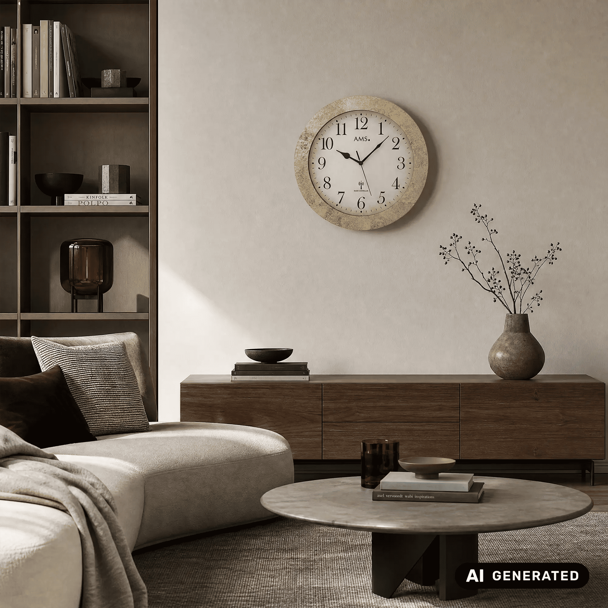 AMS Funk-Wanduhr an der Wand: antik-goldener Kreisrahmen, beiges Zifferblatt