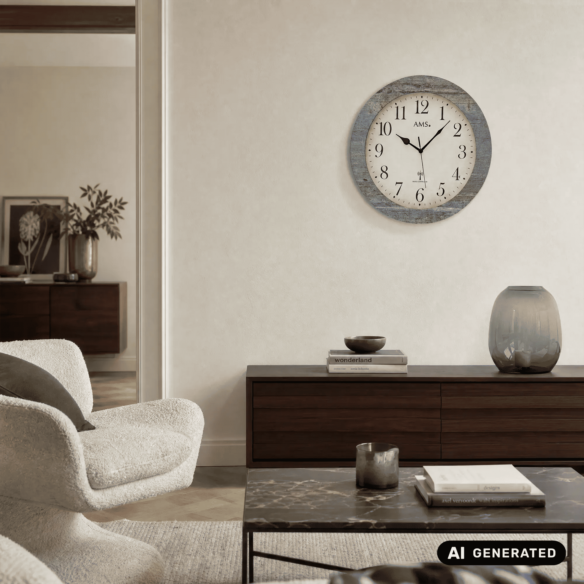 Funk-Wanduhr an der Wand, rundes blau-graues Design mit AMS-Zifferblatt und schwarzen Zeigern