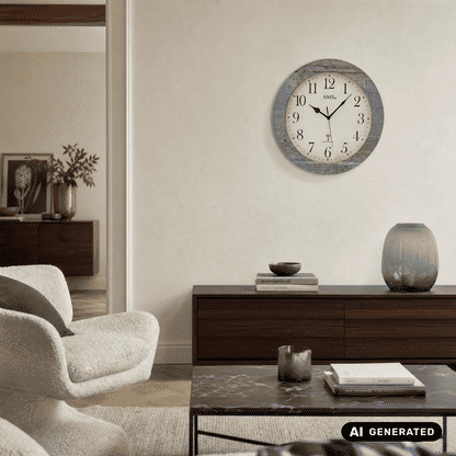 Funk-Wanduhr an der Wand, rundes blau-graues Design mit AMS-Zifferblatt und schwarzen Zeigern
