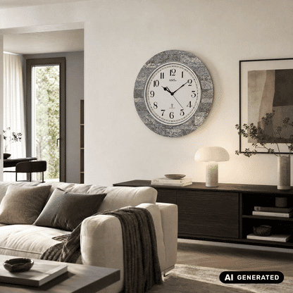 Wanduhr an der Wand mit grauer Stein-Optik, silbernem Rahmen, weißem Ziffernblatt und AMS.