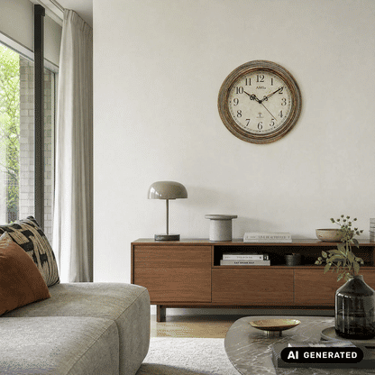 Runde AMS Funk-Wanduhr an der Wand über Kommode, goldbrauner Rahmen, beiges Zifferblatt