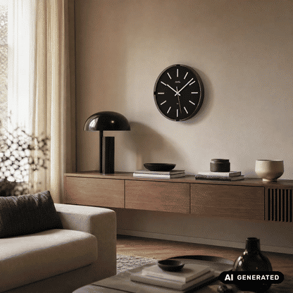 AMS Funk-Wanduhr mit schwarzem Zifferblatt, silbernen Strichindizes und Zeigern