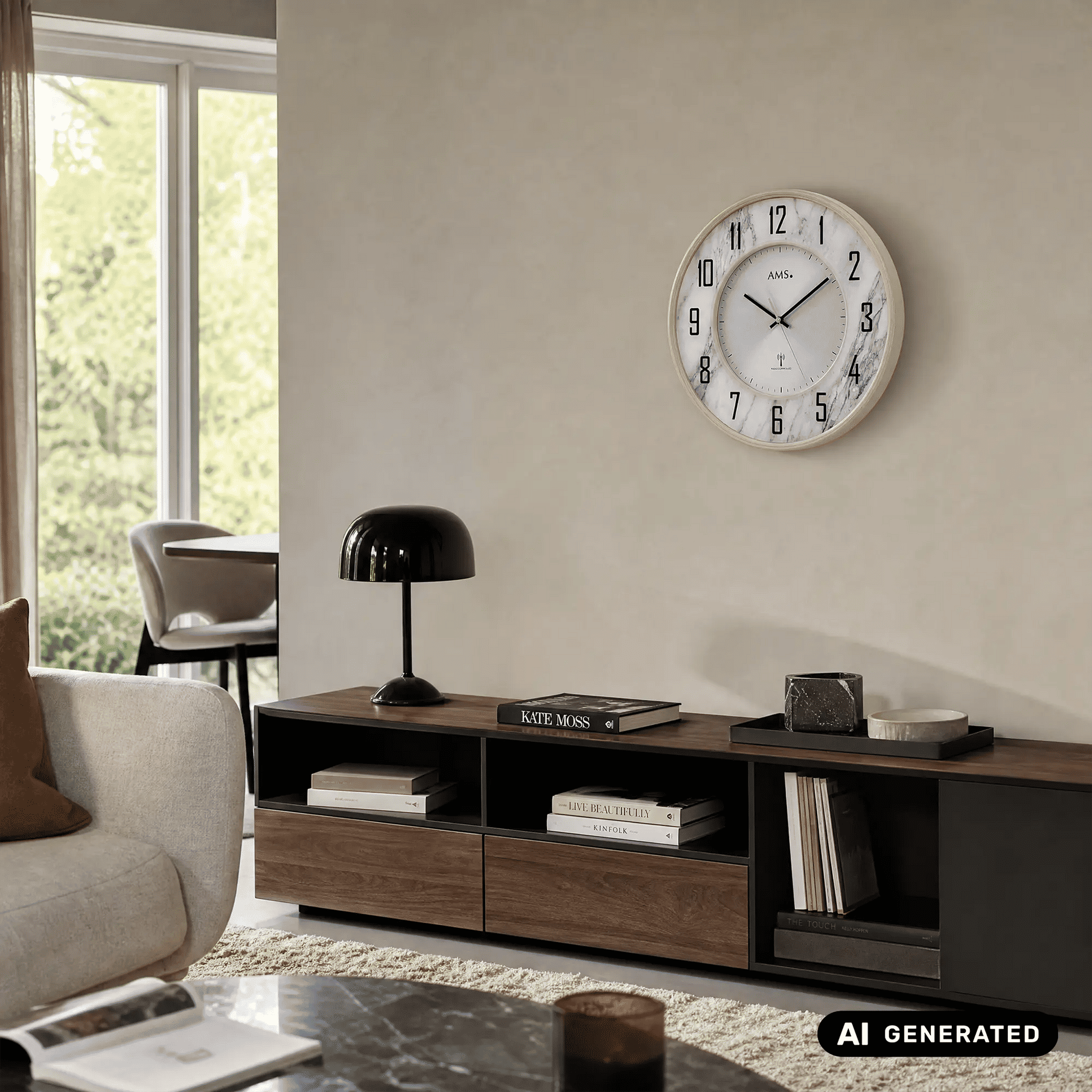 AMS Funk-Wanduhr mit weißem Ziffernblatt, schwarzen Ziffern, marmorierter Umrandung