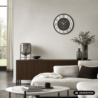 AMS Wanduhr mit schwarzer Umrandung, dunklem Ziffernblatt und mineralischem Marmordesign