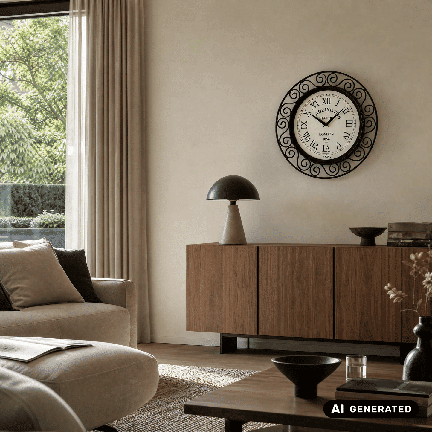 AMS Funk-Wanduhr an der Wand, runder schwarzer Metallrahmen und cremefarbenes Zifferblatt
