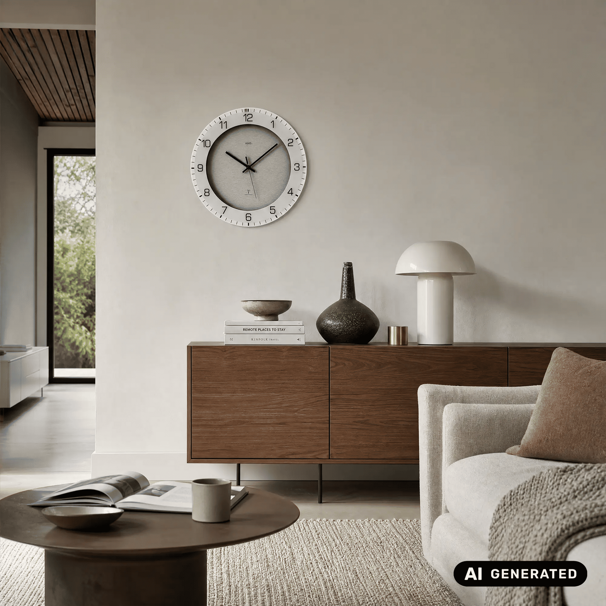 Kleine beige Wanduhr mit weißem Rahmen, schwarzen Zeigern und Minutenmarkierungen