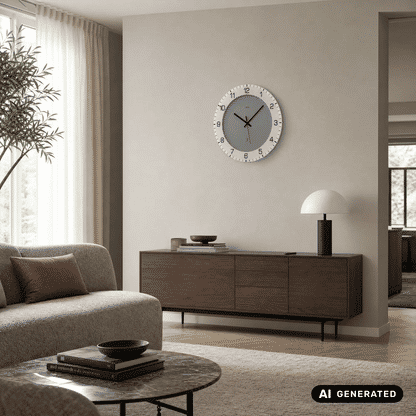 Wanduhr an der Wand über Sideboard: anthrazitfarbenes Zifferblatt, weißer Ziffernring