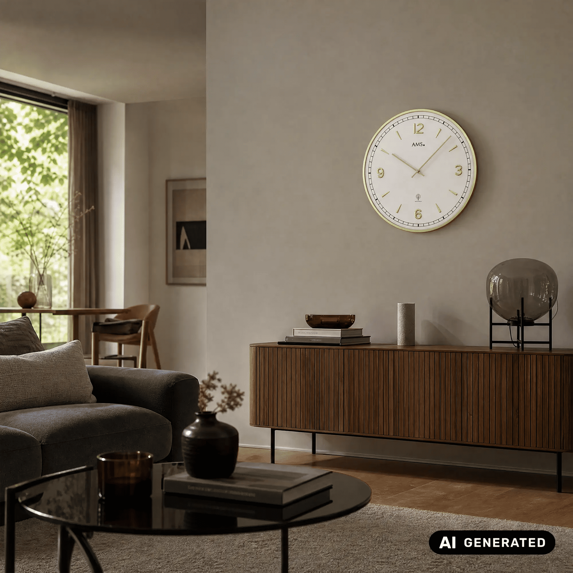 Wanduhr an der Wand mit weißem Ziffernblatt und goldfarbenem Rahmen
