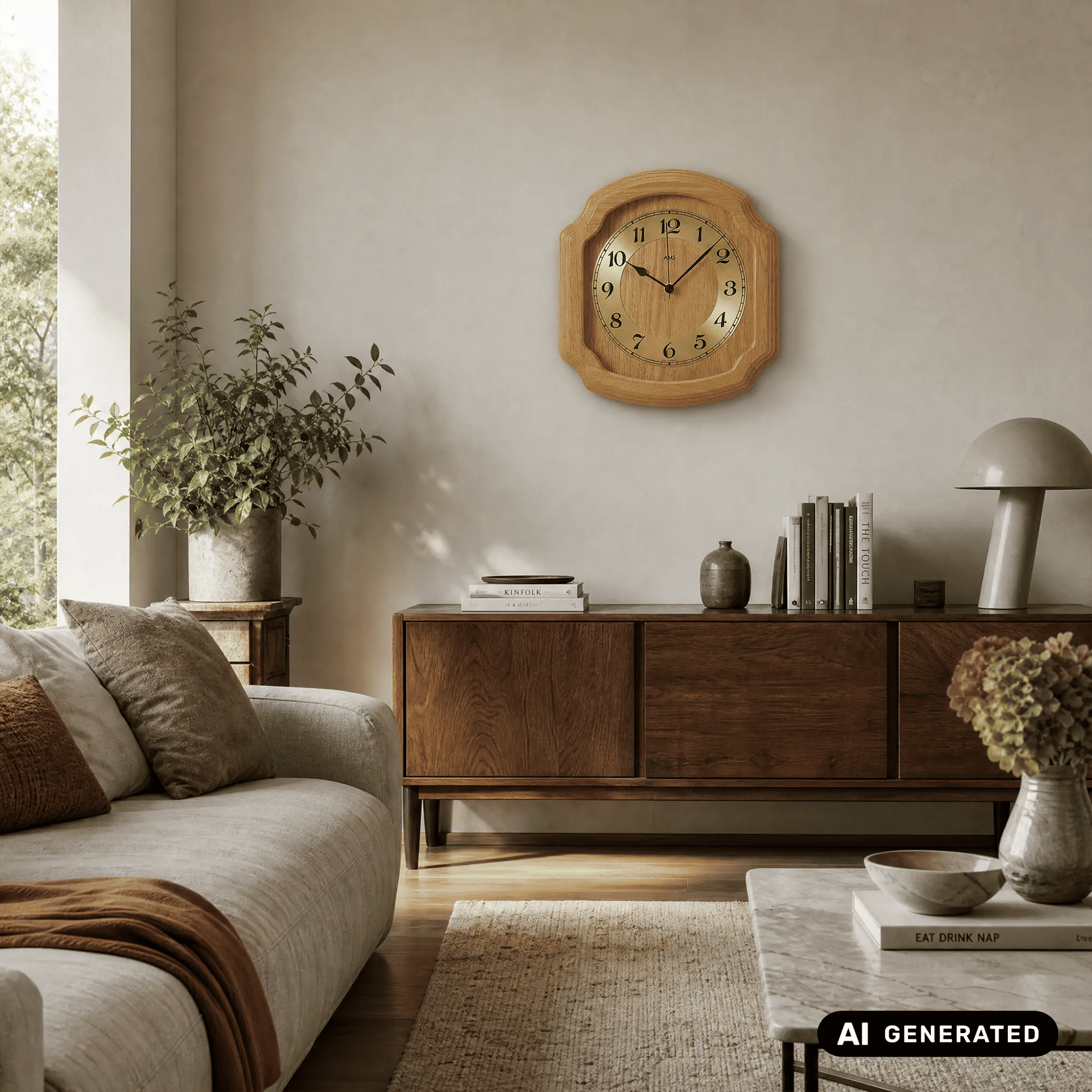 Wanduhr aus hellem Eichenholz mit Glasfront, rundes Zifferblatt mit schwarzen Zeigern