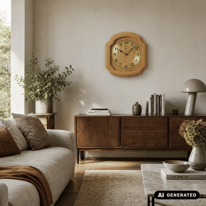 Wanduhr aus hellem Eichenholz mit Glasfront, rundes Zifferblatt mit schwarzen Zeigern