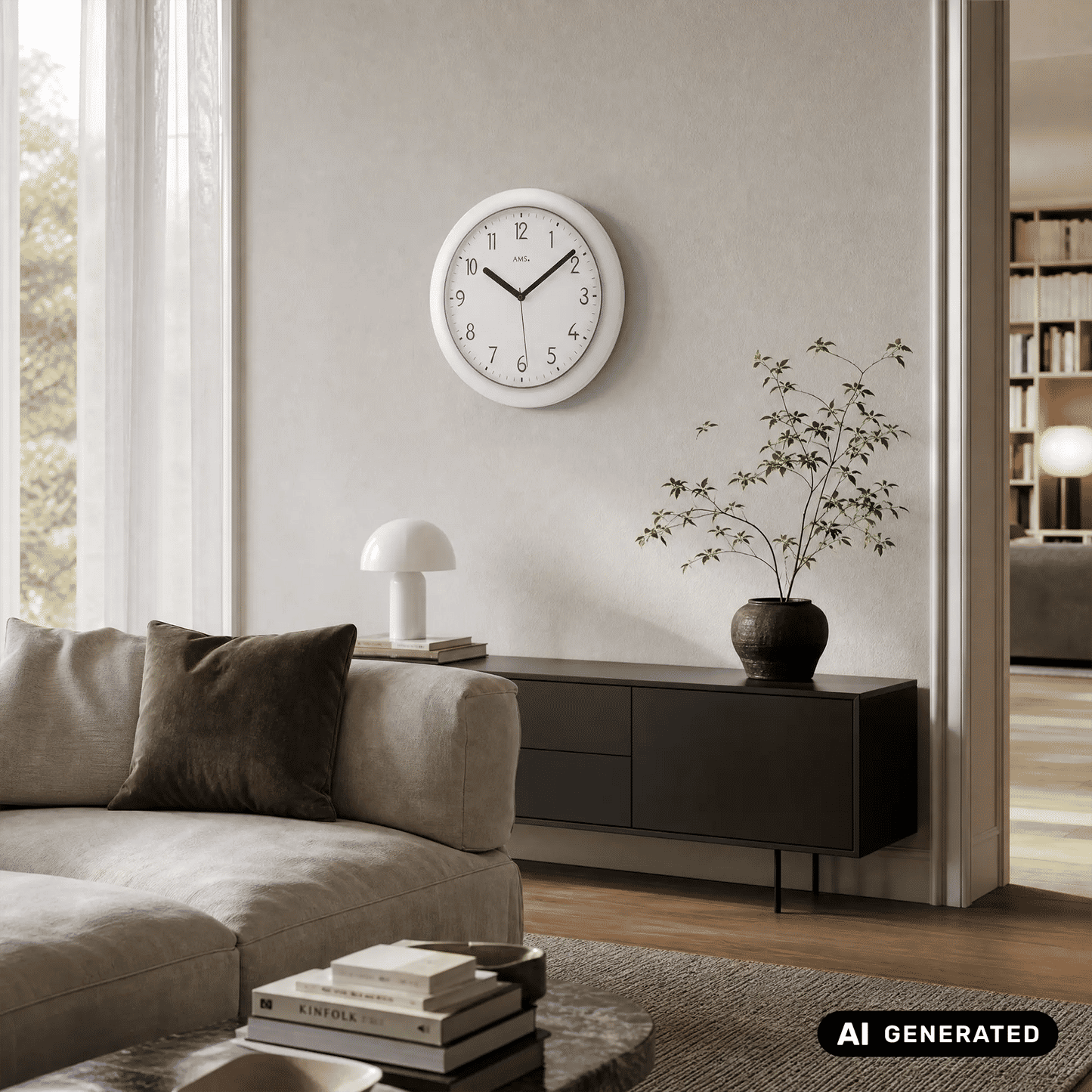 Funk-Wanduhr an der Wand mit weißem Zifferblatt, schwarzen Zeigern und silbernem Gehäuse.