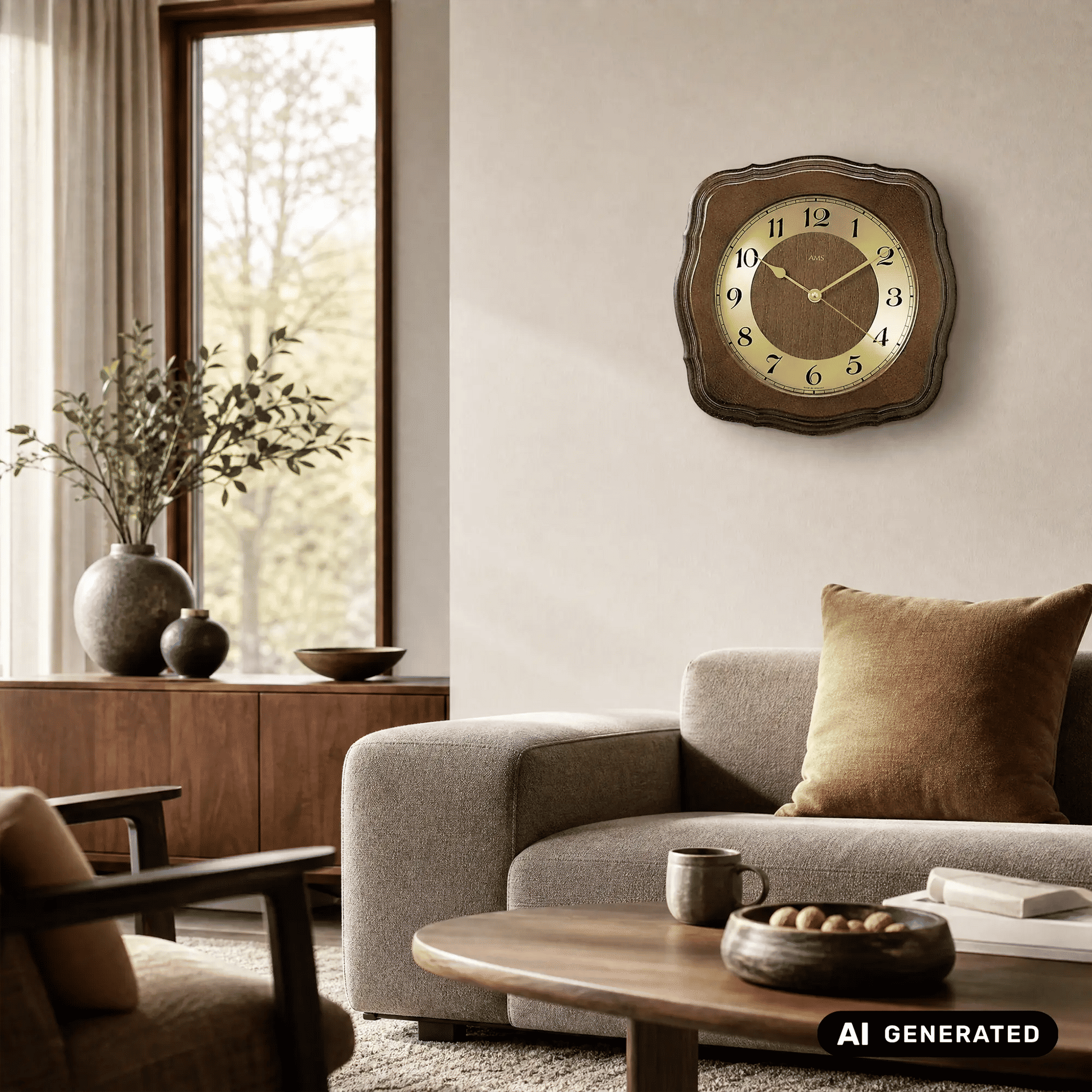Nussbaum-Wanduhr mit analogem Ziffernblatt über dem Sofa