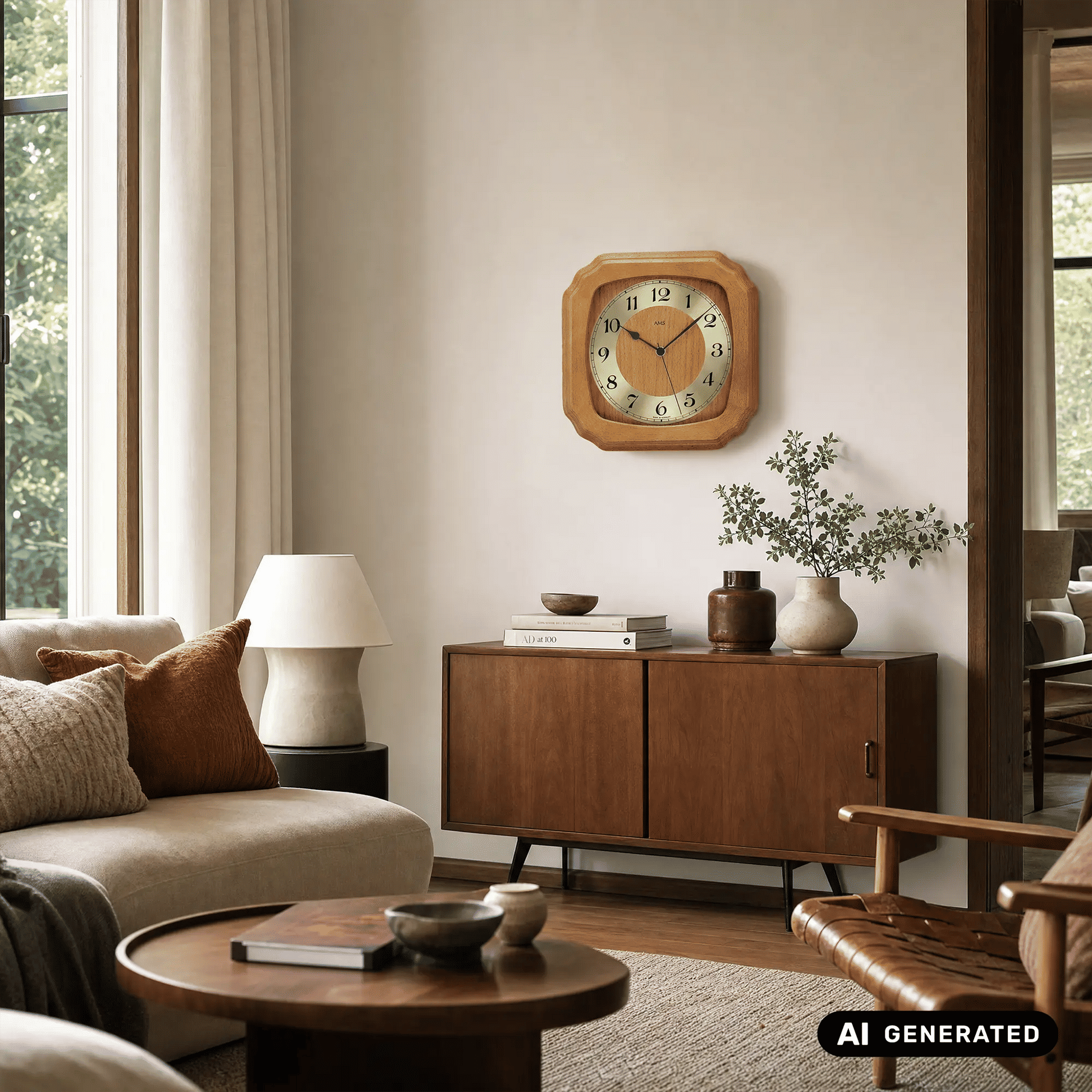 Kirschbaumfarbene Funk-Wanduhr an der Wand mit Glasfront und Ziffernring