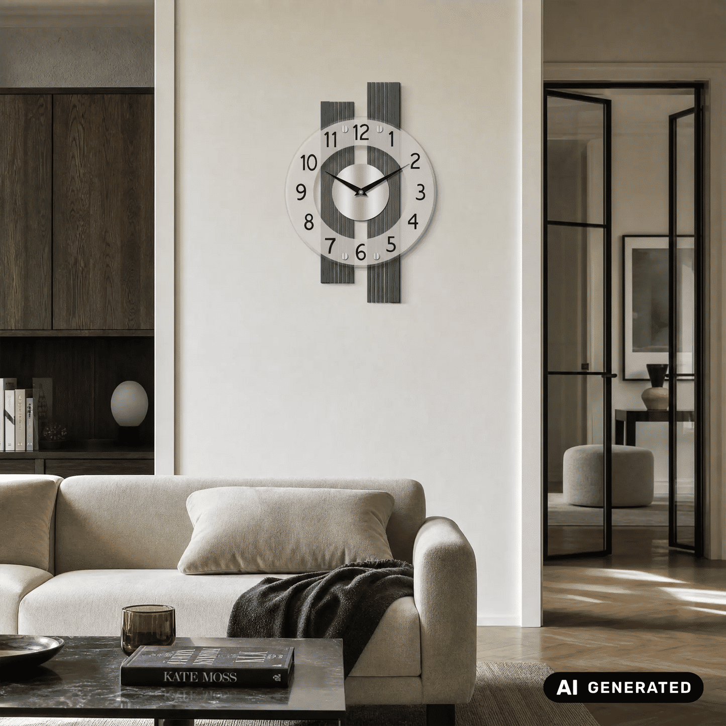 Wanduhr an der Wand mit rundem Ziffernblatt, anthrazit gestreift, römische Ziffern