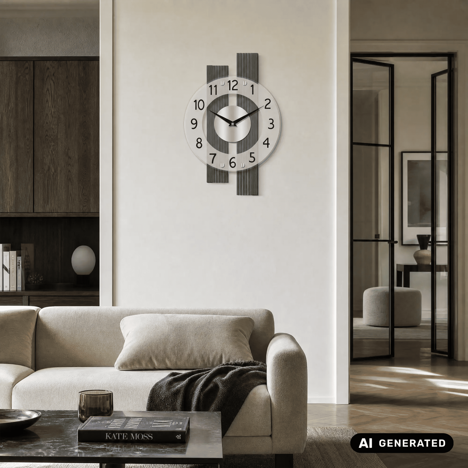 Wanduhr an der Wand mit rundem Ziffernblatt, anthrazit gestreift, römische Ziffern