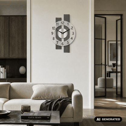 Wanduhr an der Wand mit rundem Ziffernblatt, anthrazit gestreift, römische Ziffern