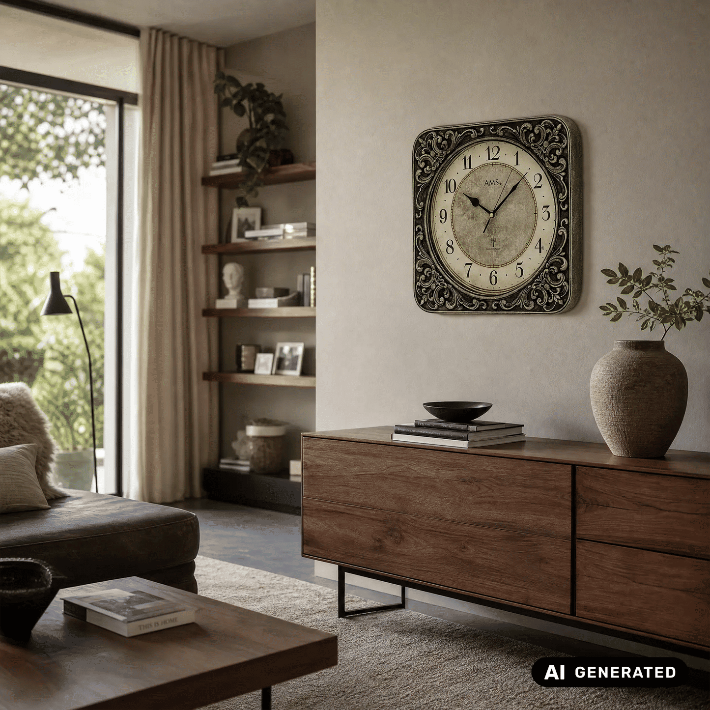 Funk-Wanduhr mit barocker Rahmung, hellem Ziffernblatt und schwarzen Zeigern im Wohnraum (AMS)