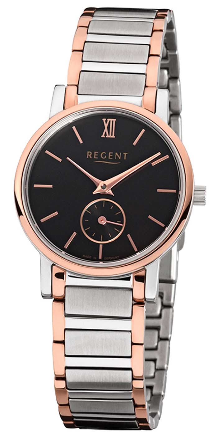 Herrenarmbanduhr Regent mit schwarzem Zifferblatt, römischen Ziffern und Metallarmband
