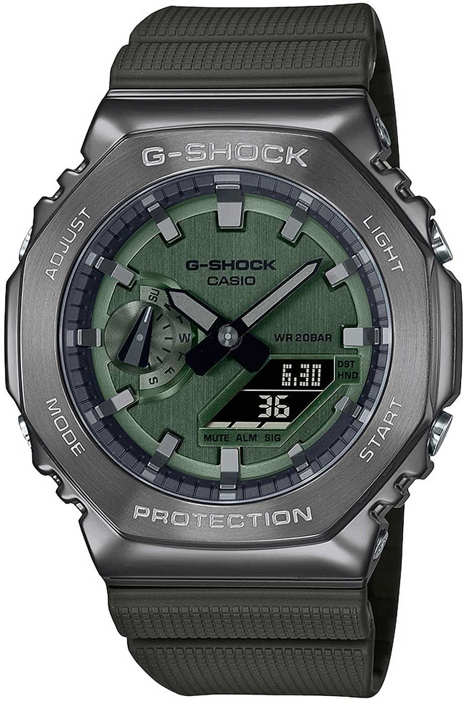 Herrenuhr mit grünem Zifferblatt und schwarzem Silikonarmband, Metallgehäuse, Digitalanzeige.