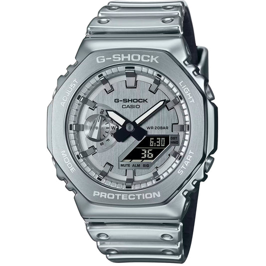 Herrenarmbanduhr G‑SHOCK mit silbernem Metallband und rundem Analog-Zifferblatt