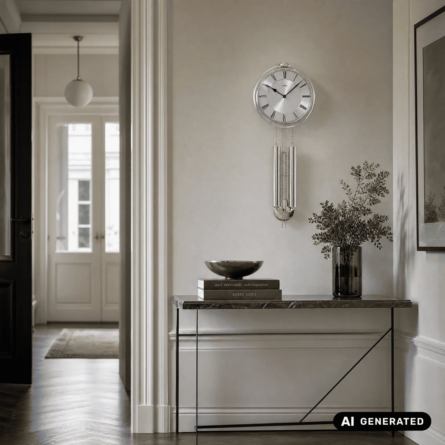 Silberne Wanduhr mit rundem Zifferblatt und Metallpendel mit Kettenpendeln
