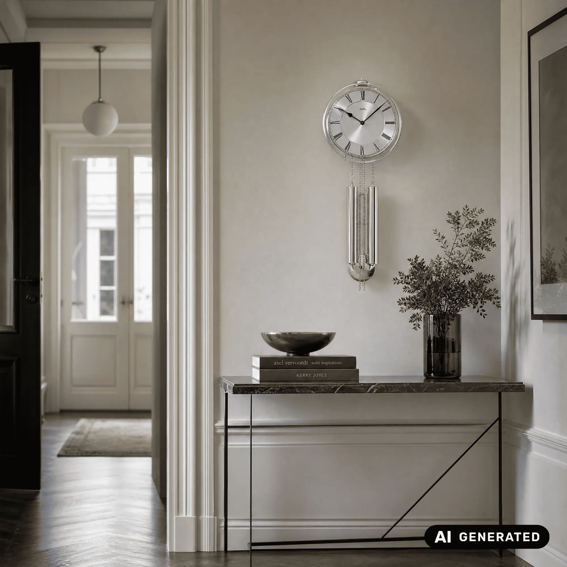 Silberne Wanduhr mit rundem Zifferblatt und Metallpendel mit Kettenpendeln