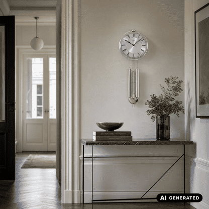 Silberne Wanduhr mit rundem Zifferblatt und Metallpendel mit Kettenpendeln
