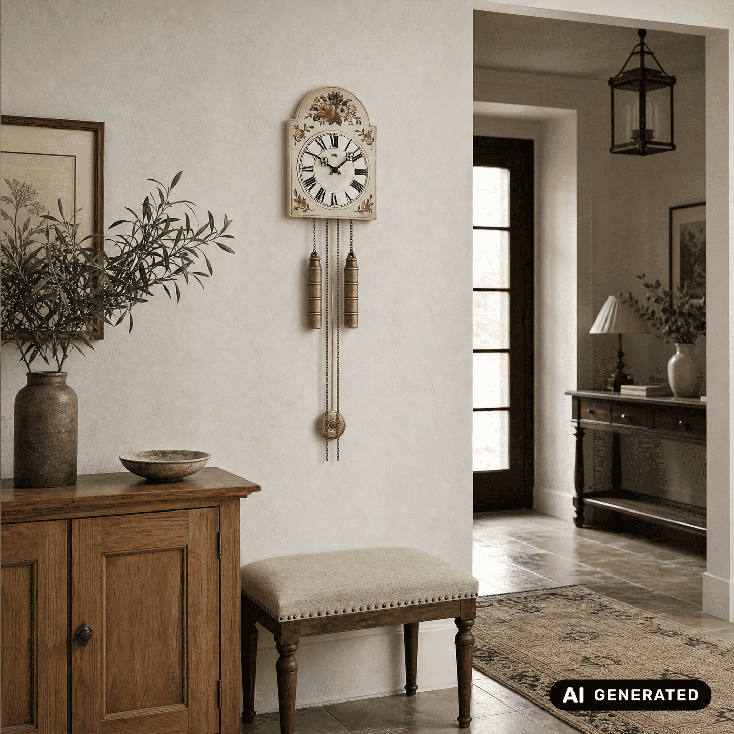 Wanduhr mit Rosendekor und römischen Ziffern, zwei goldene Zylinder-Gewichte an Ketten