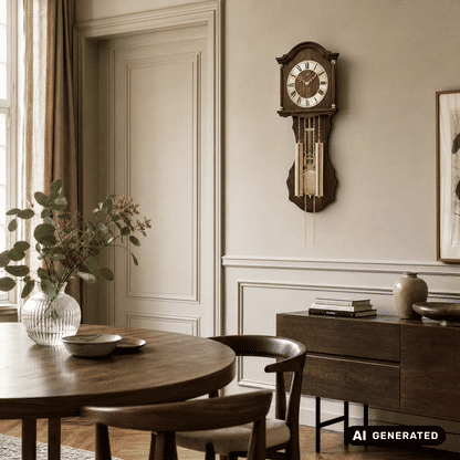 Wanduhr mit Holzgehäuse, rundem Zifferblatt und goldenen Pendelkaskaden
