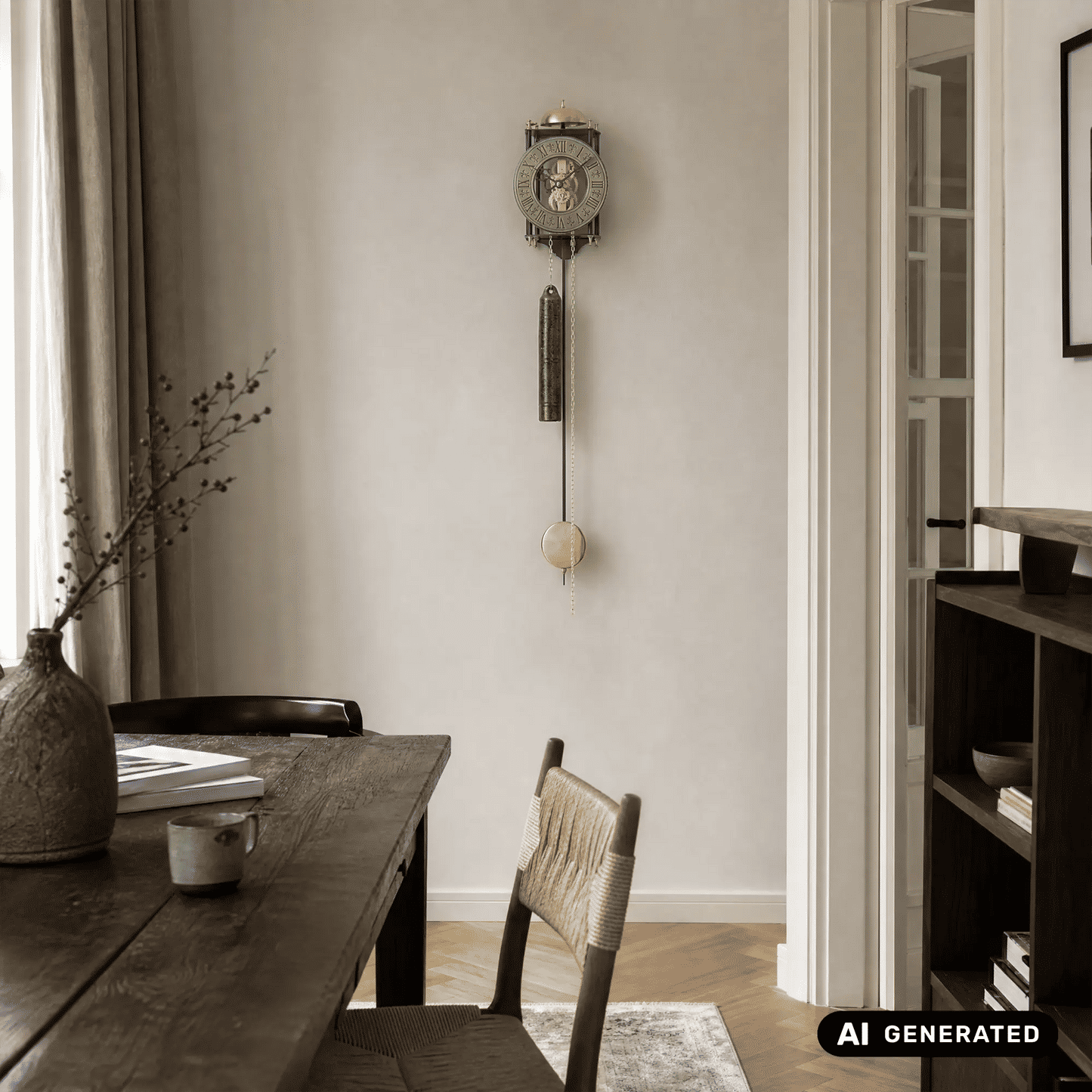 Wanduhr mit rundem Zifferblatt, Pendelpendant und Kettenzug