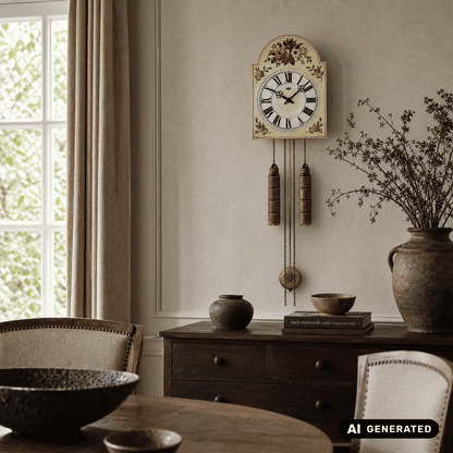 Wanduhr mit rundem Zifferblatt und römischen Ziffern, goldene Kettenzug-Elemente
