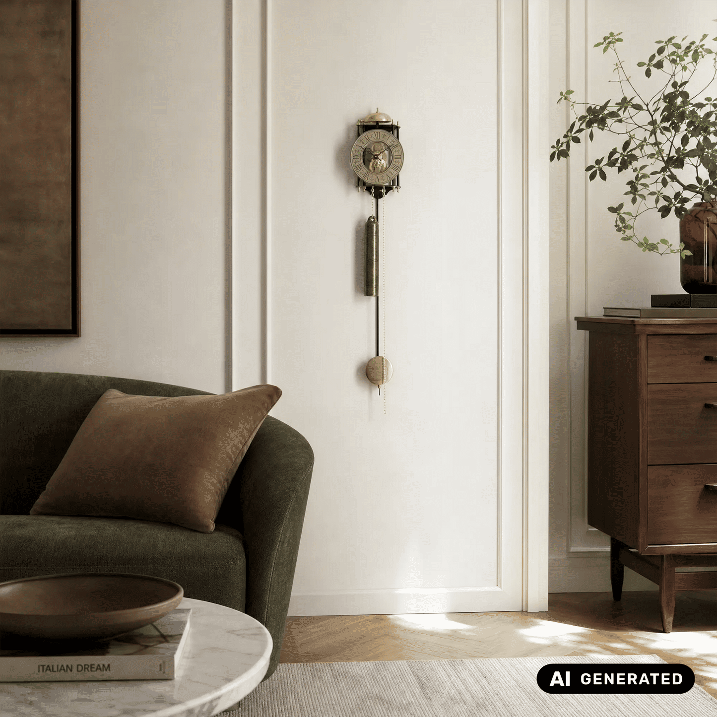 Wanduhr an der Wand mit Pendel und Kettenzug
