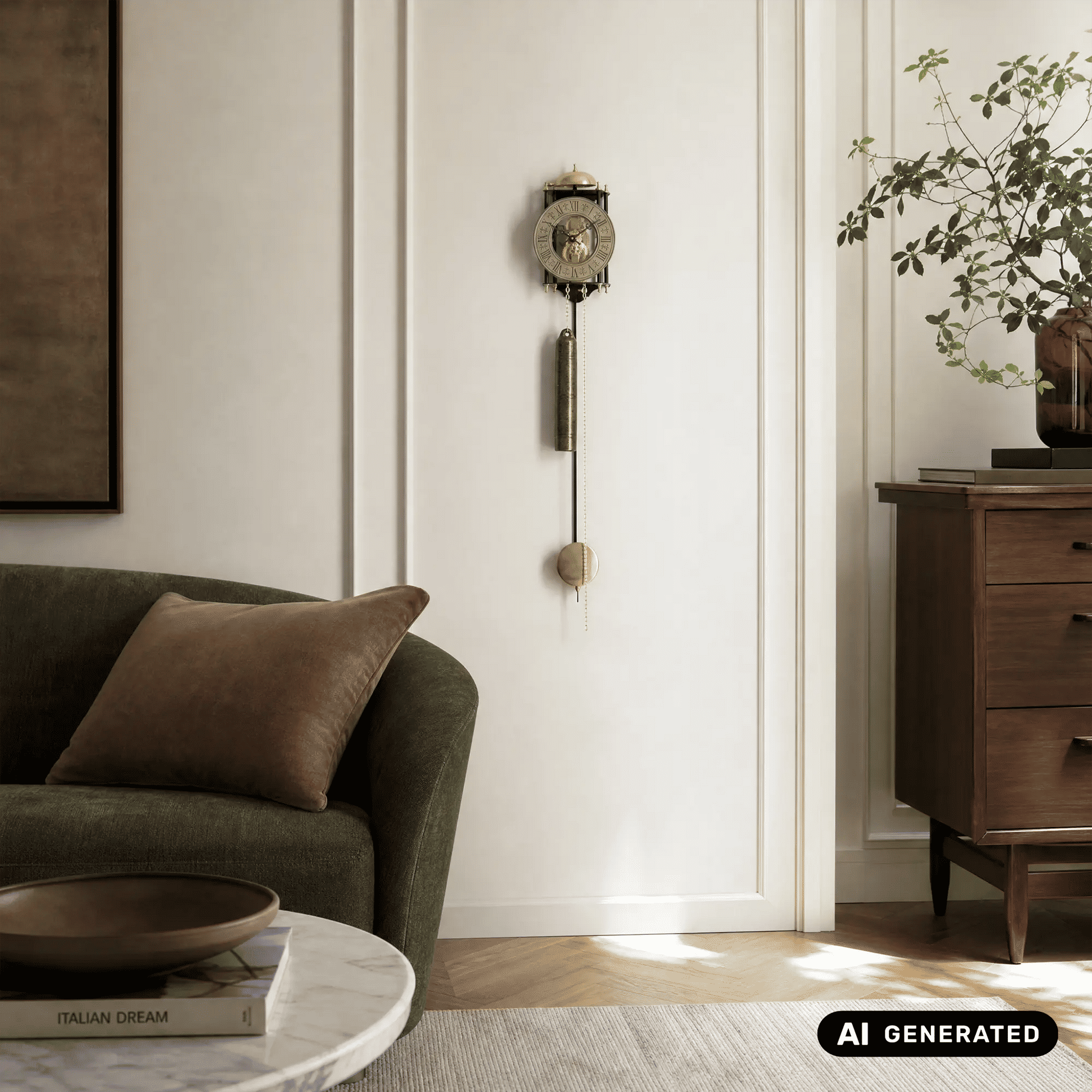 Wanduhr an der Wand mit Pendel und Kettenzug
