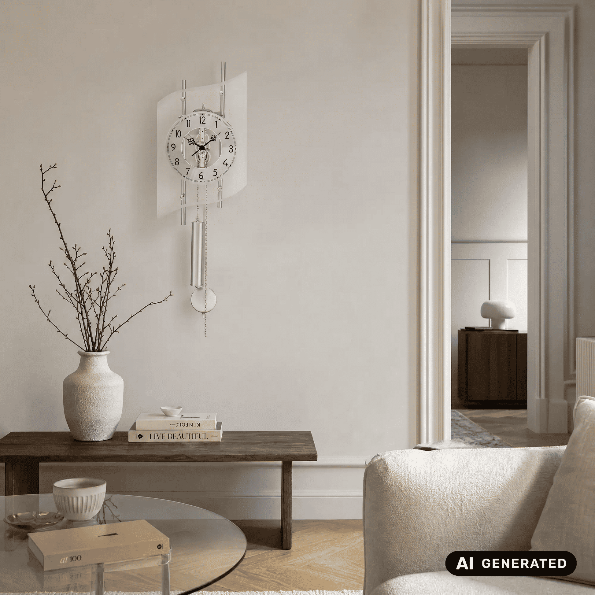 Standuhr-Wanduhr mit großem Mineralglas-Zifferblatt, Kettenzug und Pendel