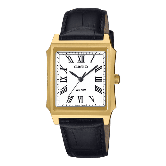 Casio Herrenuhr: goldfarbenes Gehäuse, schwarzes Lederband, weißes Zifferblatt mit Römischzahlen