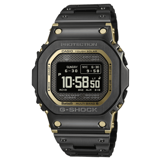 Casio G‑Shock Herrenuhr mit schwarzem Armband und rundem Display, goldfarbene Akzente