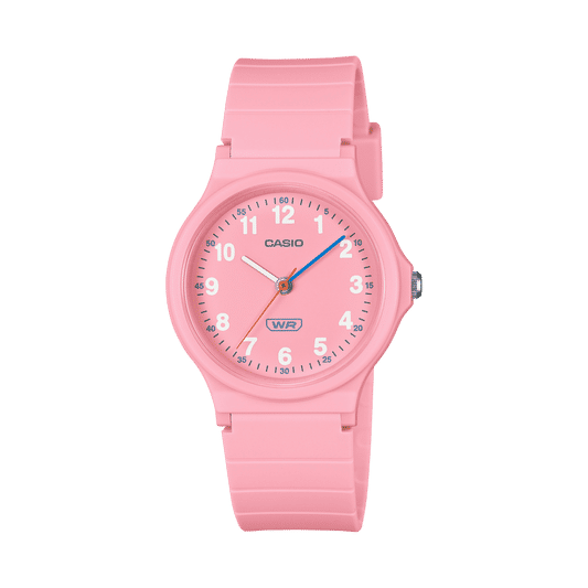Kinderarmbanduhr, rosa Gehäuse und Armband, analoges Zifferblatt mit arabischen Ziffern