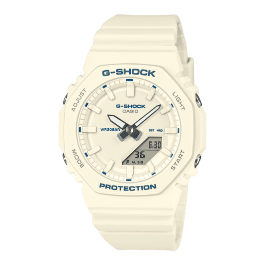 Casio G-Shock Armbanduhr mit weißem Resinarmband und rundem Digital/Analog-Zifferblatt