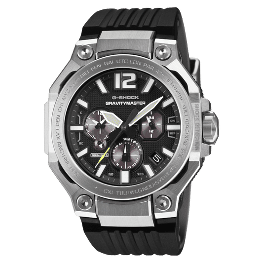 Casio Gravitymaster Herrenuhr mit schwarzem Zifferblatt, Metallgehäuse und schwarzem Kautschukarmband