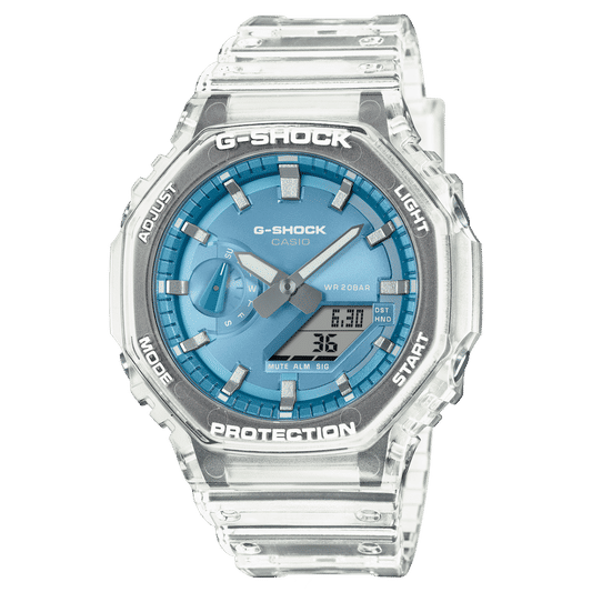 Casio G-Shock Herrenuhr mit transparentem Resinarmband und blauem Zifferblatt