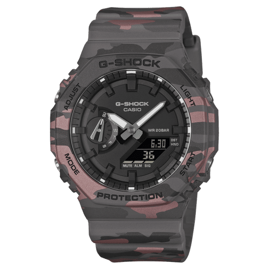 Casio G-SHOCK GA-2100 Herrenuhr mit grauem Tarnmuster-Resinband und schwarzem Zifferblatt