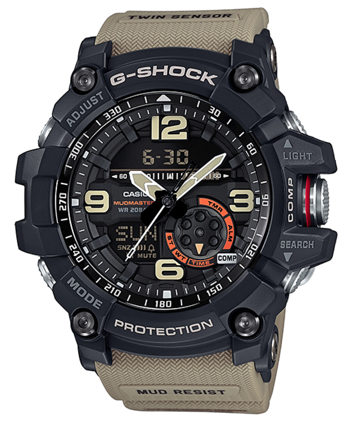 G-Shock Mudmaster Herrenarmbanduhr: schwarzes Gehäuse, beiges Band, Digitalanzeige